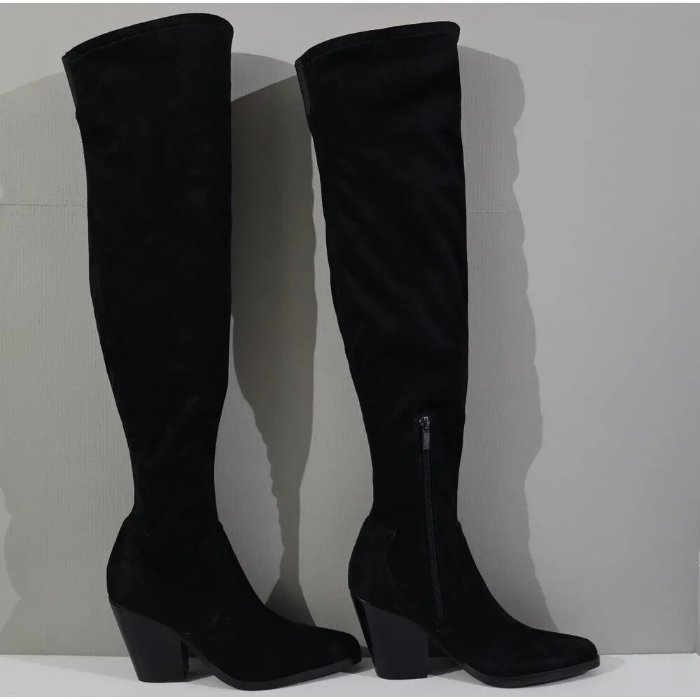 Marc Fisher Cathi Over The Knee Boot Women 7.5 Black Pointed Toe Tall Block Heel